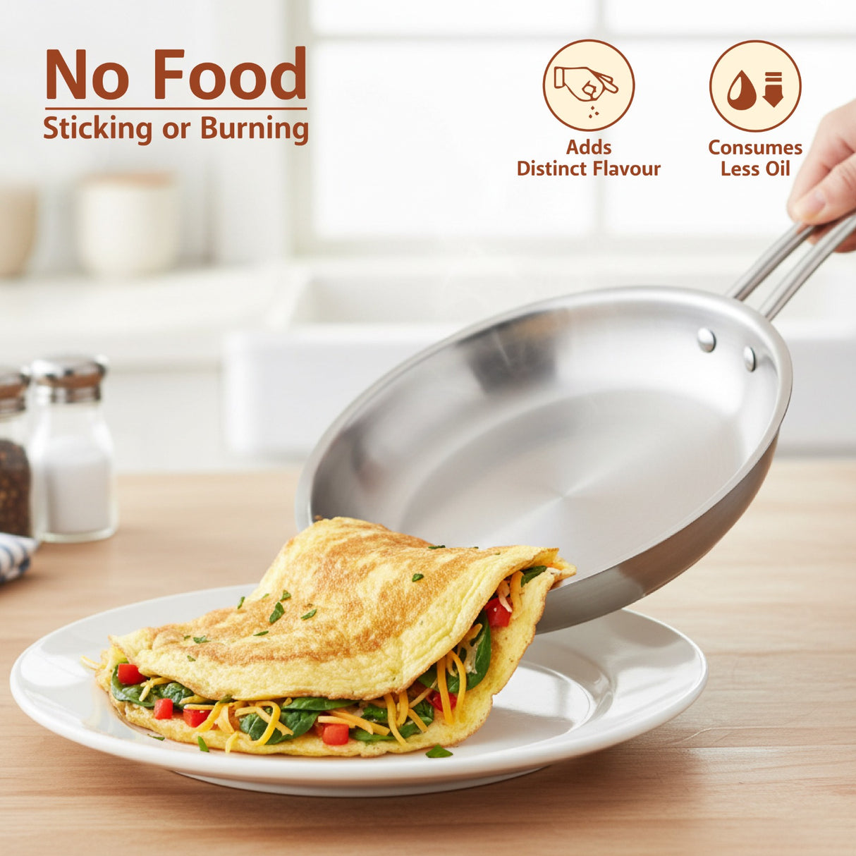 TRIMAX Triply Frying Pan 22 cm | Premium Stainless Steel Frypan with Oval Wire Handle | Induction Friendly & Durable