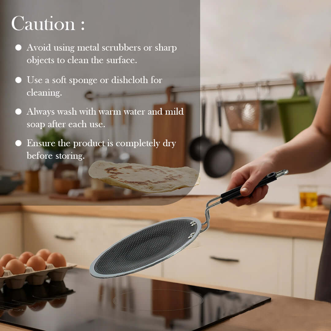 Omichef Triply Stainless Steel Honeycomb Roti Tawa | Thick 4mm, 1kg | Induction Friendly Tawa | Non-Stick 3 Layer Body, with Non Toxic Non-Stick Coating with Riveted Handle OmiChef