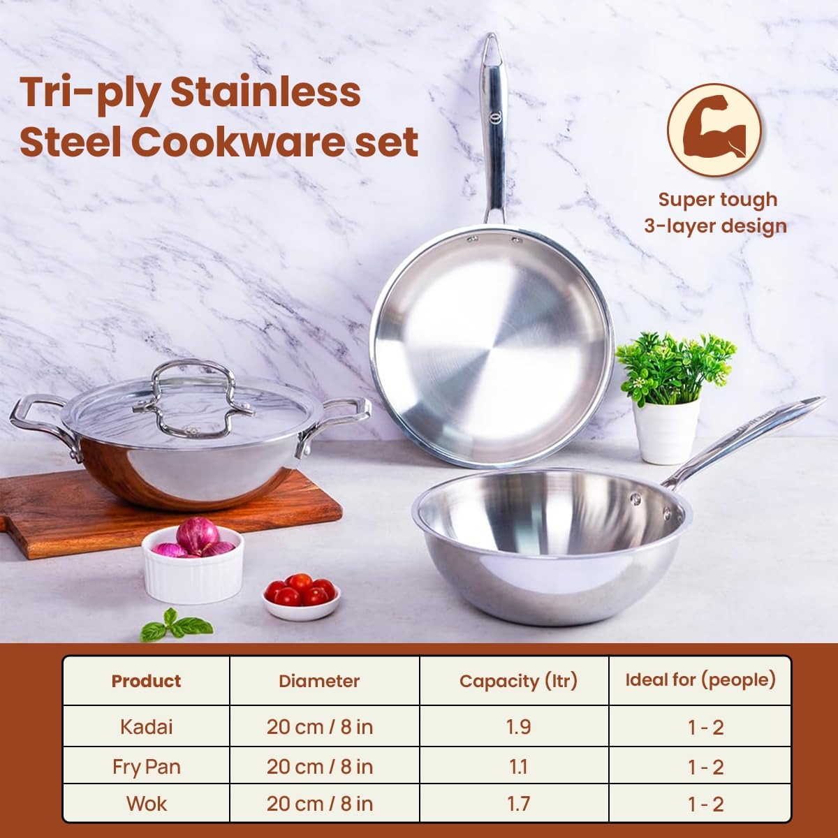 Premium TRIMAX Triply Cookware Set Kadai + Frypan + Wok with Free Wooden Spatula Combo