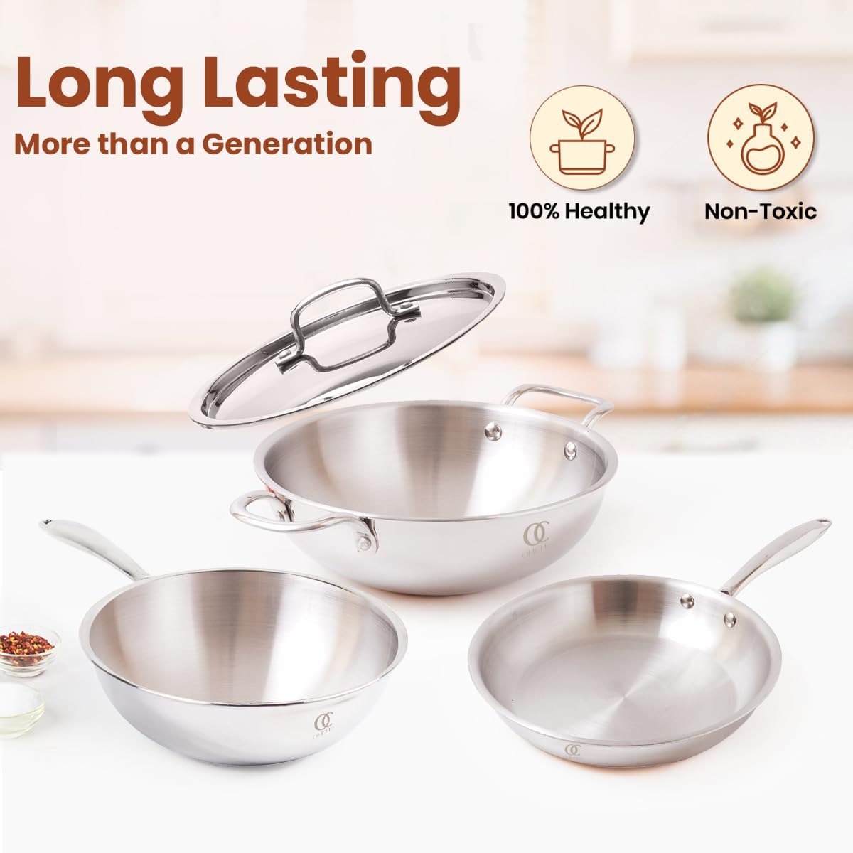 Premium TRIMAX Triply Cookware Set Kadai + Frypan + Wok with Free Wooden Spatula Combo