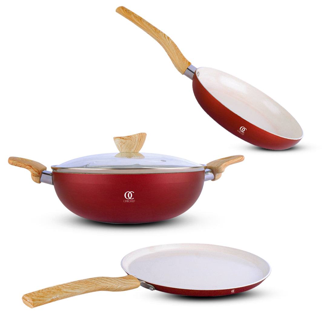 Ceramic Cookware Non Stick Set Combo | ISI Certified | Frying pan | Kadai | Tawa - Red