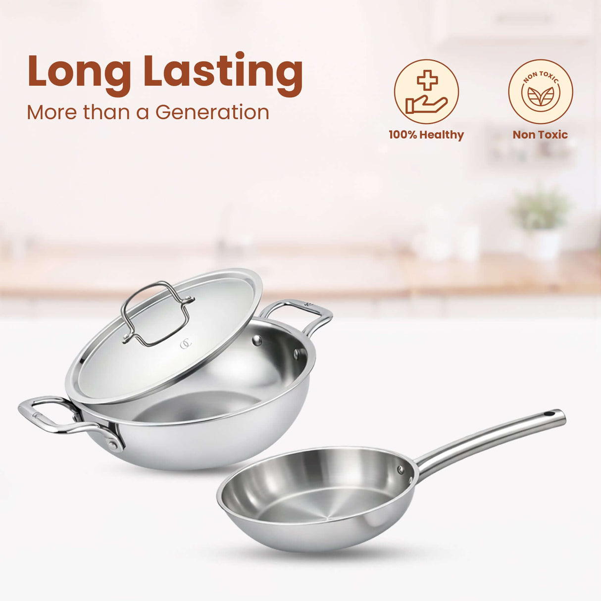 Triply Cookware Set | Kadai & Frypan Set with Pipe Handle