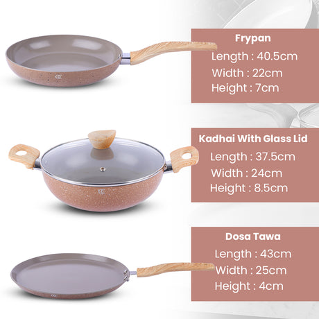 Ceramic Cookware Non Stick Set Combo | ISI Certified Kadai, Frypan & Tawa – Biscuit Color