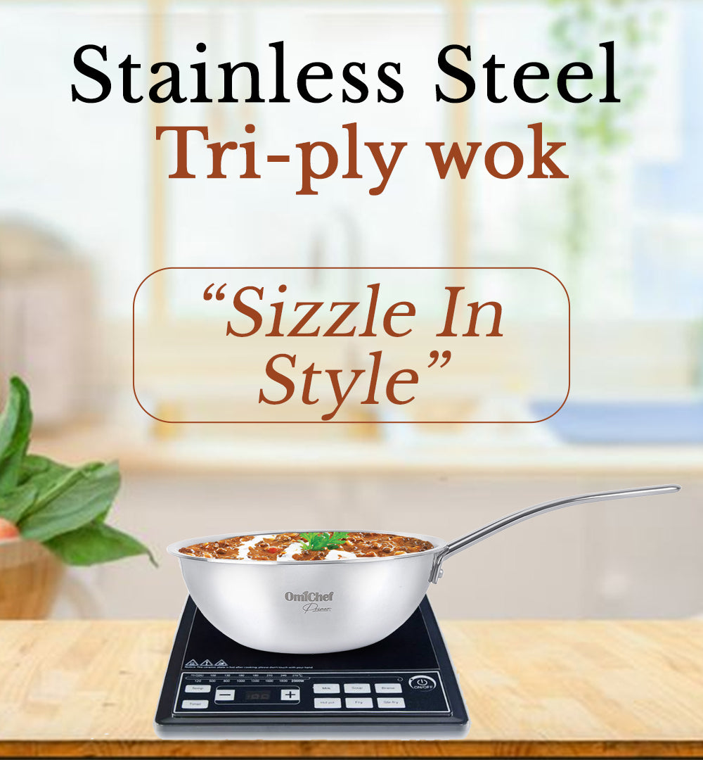Elite Triply Stainless Steel Wok With Lid OmiChef
