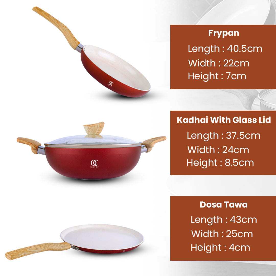 Ceramic Cookware Non Stick Set Combo | ISI Certified | Frying pan | Kadai | Tawa - Red