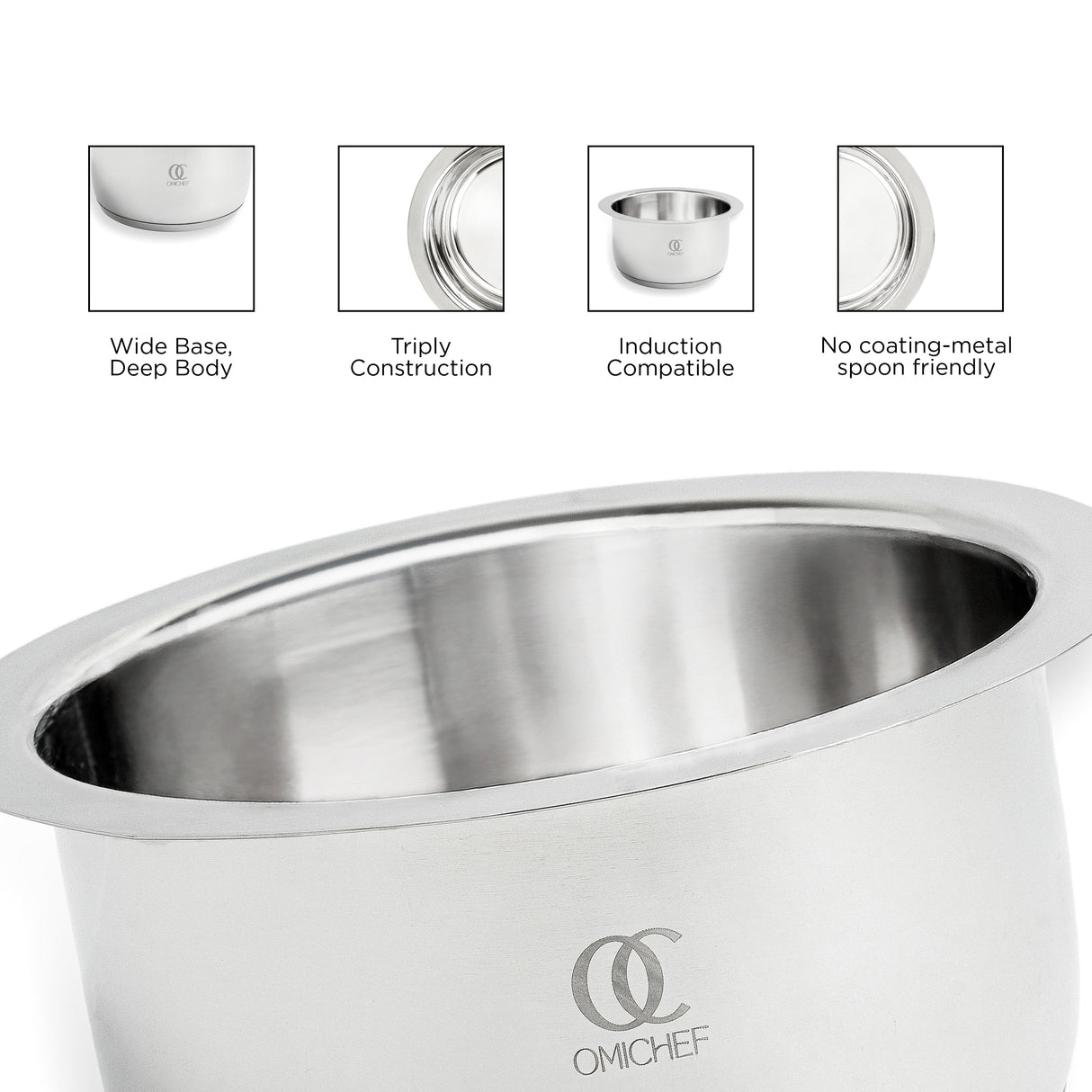 TRIO Sandwich Bottom Stainless Steel Tope Set Of 5 with Free Spatula - Induction Compatible OmiChef