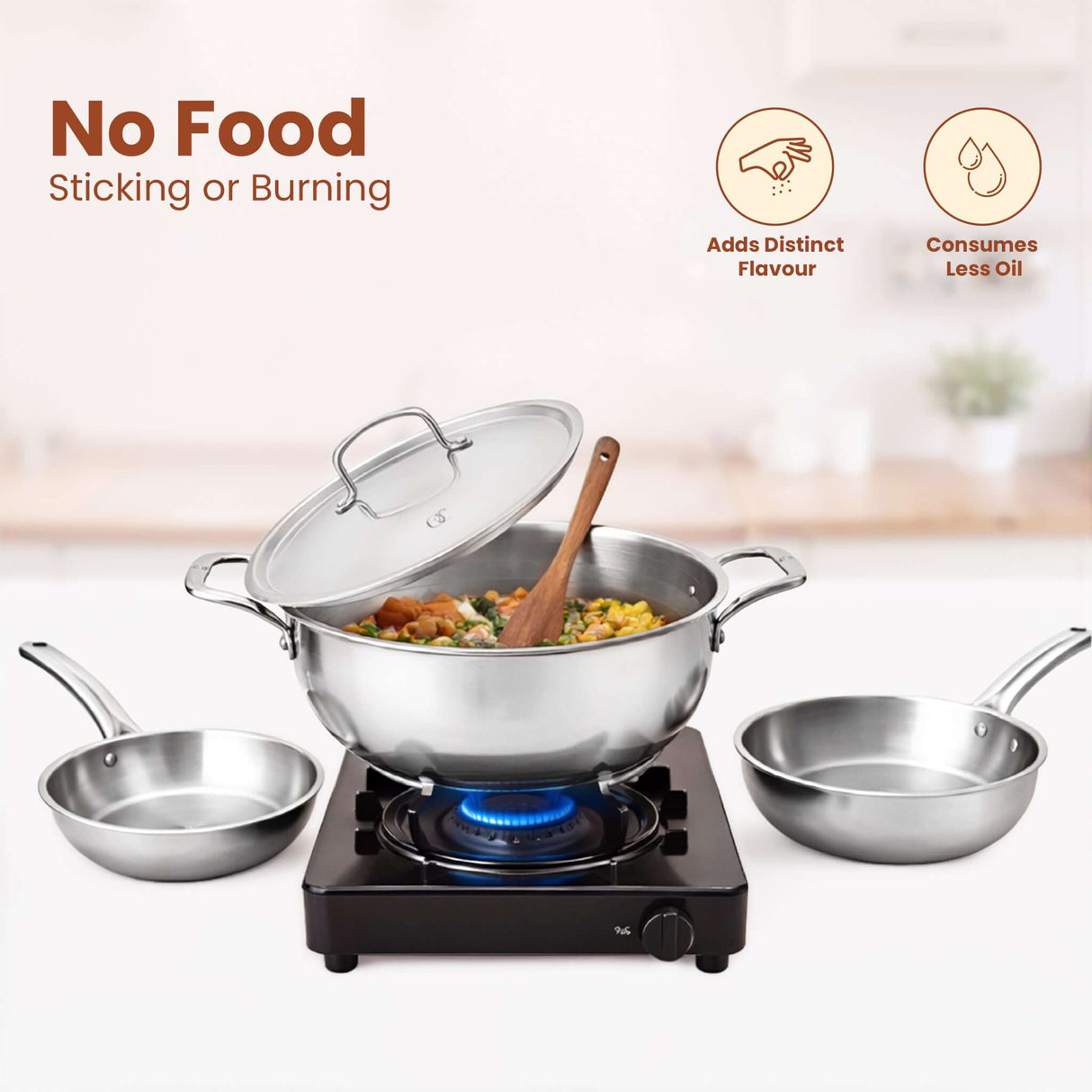 Triply Cookware Set | Kadai Frypan Wok Set with Pipe Handles