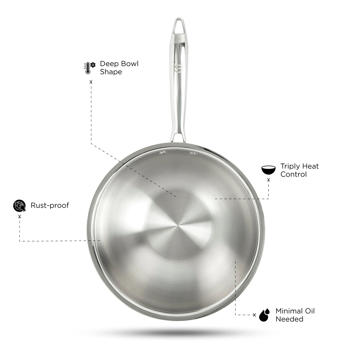 TRIMAX Triply Stainless Steel Wok with Lid with Free Spatula - Premium Quality OmiChef