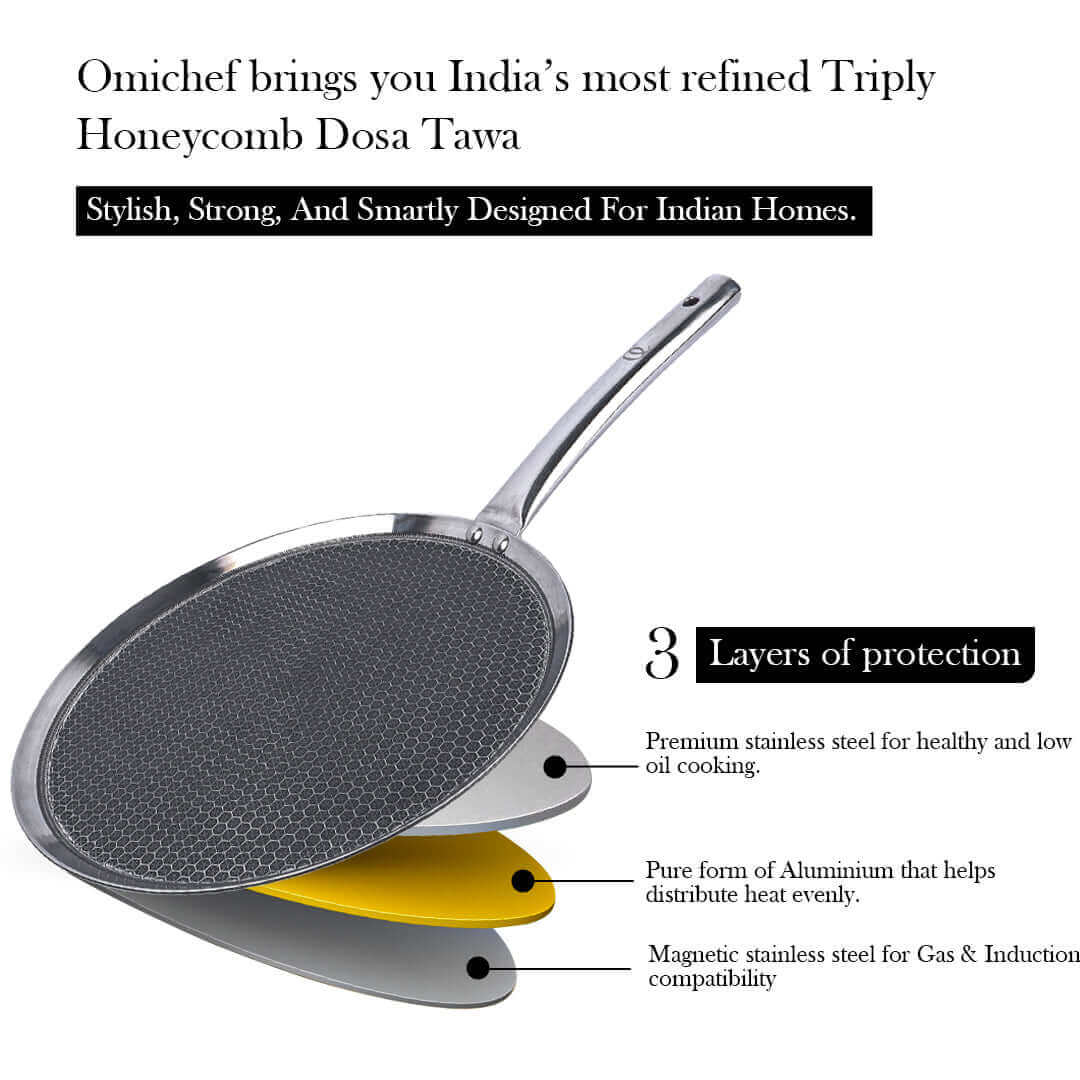 Triply Stainless Steel Dosa Tawa | 30 cm Flat Tawa | Induction & Gas Compatible | Rust-Free | Even Heating | Food-Grade Stainless Steel | Ideal for Dosa, Chilla, Paratha OmiChef