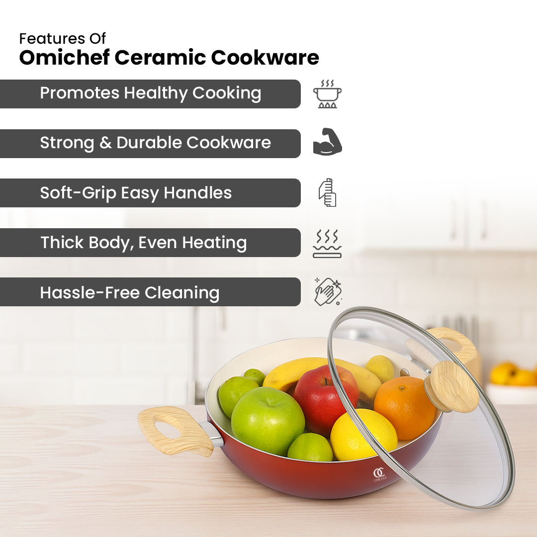 Ceramic Cookware Non Stick Set Combo | ISI Certified | Frying pan | Kadai | Tawa - Red