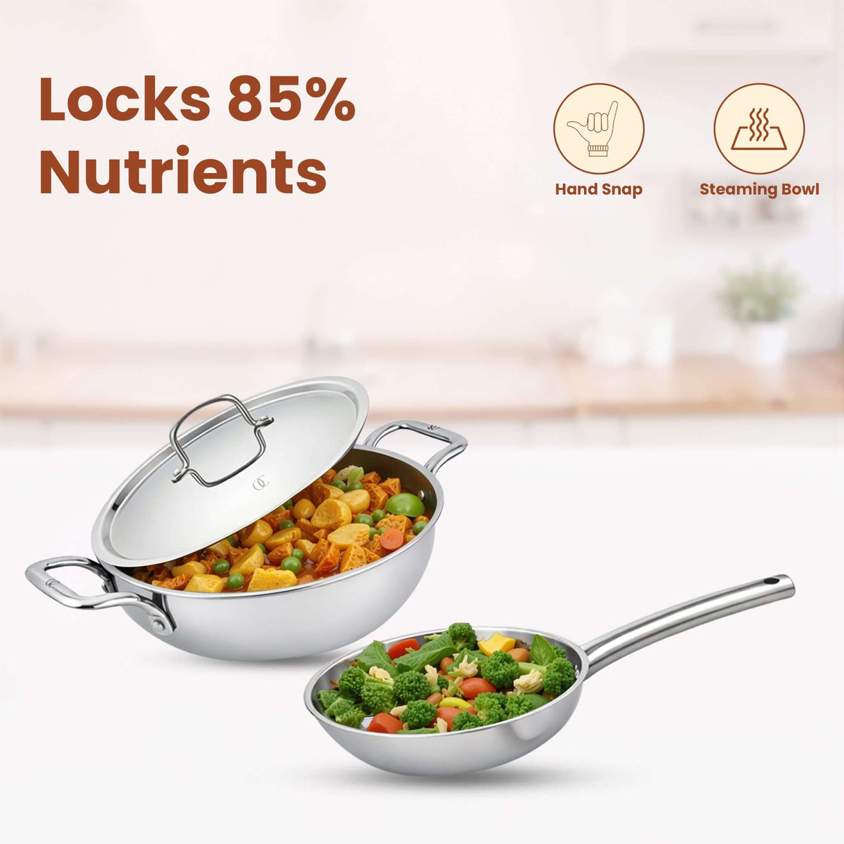 Triply Cookware Set | Kadai & Frypan Set with Pipe Handle