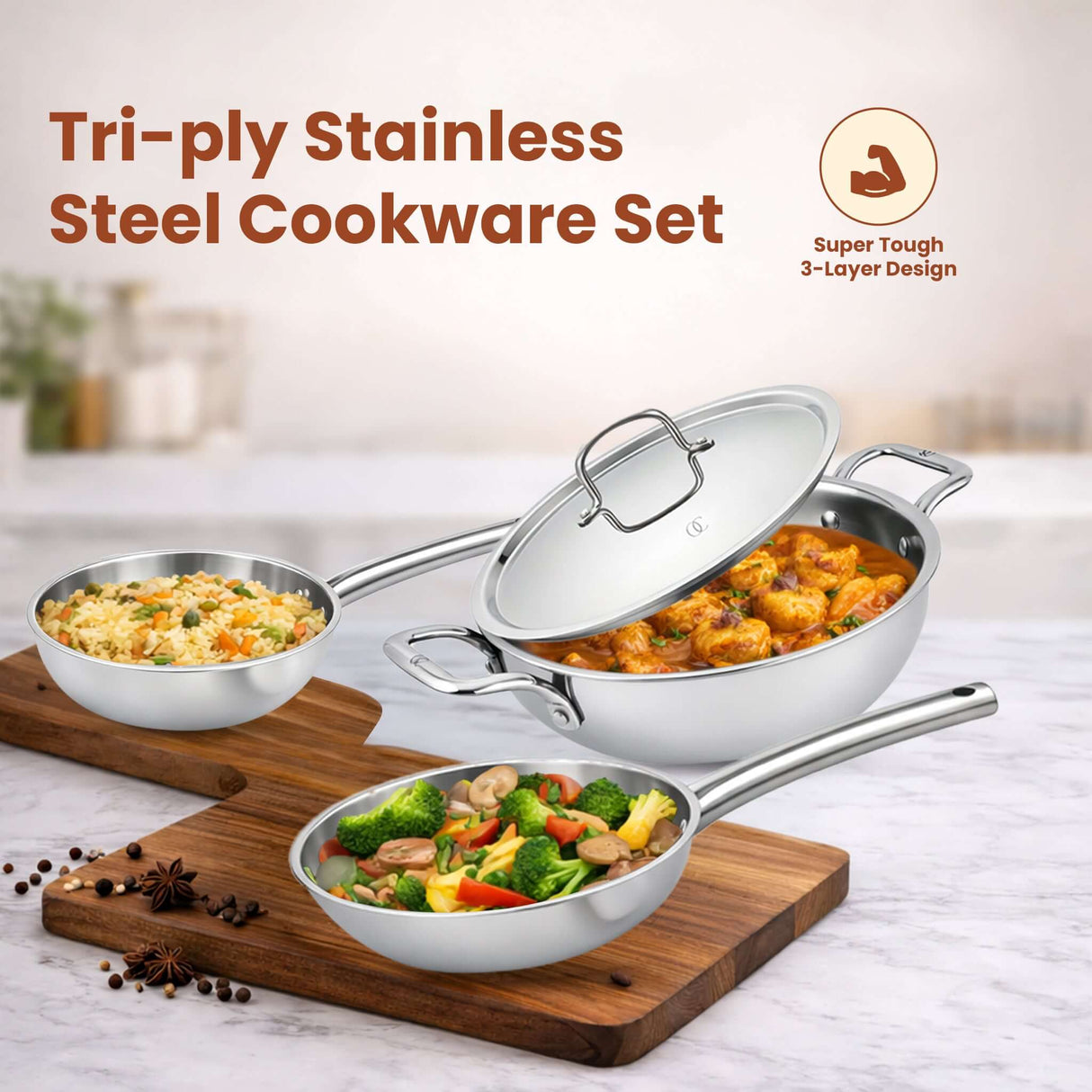 Triply Cookware Set | Kadai Frypan Wok Set with Pipe Handles