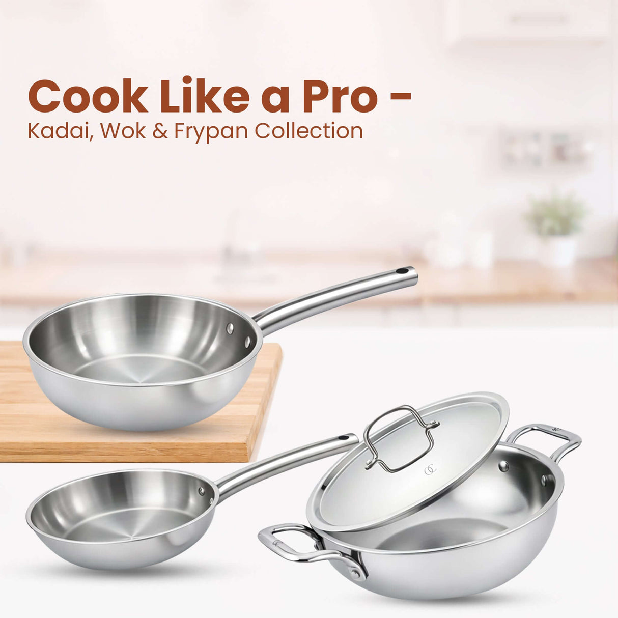 Triply Cookware Set | Kadai Frypan Wok Set with Pipe Handles
