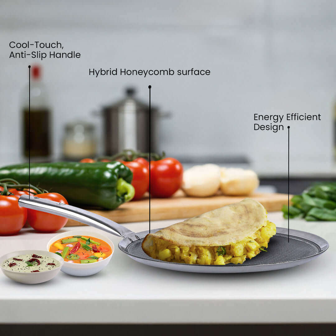 Triply Stainless Steel Dosa Tawa | 30 cm Flat Tawa | Induction & Gas Compatible | Rust-Free | Even Heating | Food-Grade Stainless Steel | Ideal for Dosa, Chilla, Paratha OmiChef