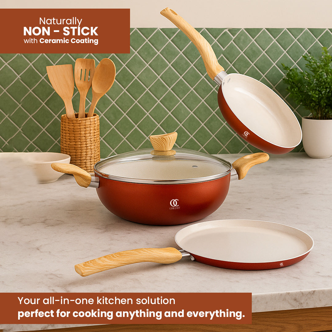 Ceramic Cookware Non Stick Set Combo | ISI Certified | Frying pan | Kadai | Tawa - Red