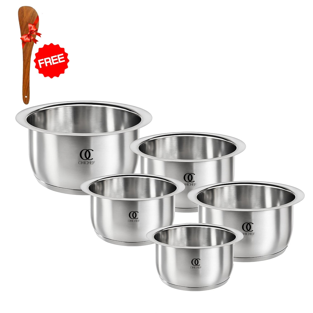 TRIO Sandwich Bottom Stainless Steel Tope Set Of 5 with Free Spatula - Induction Compatible OmiChef