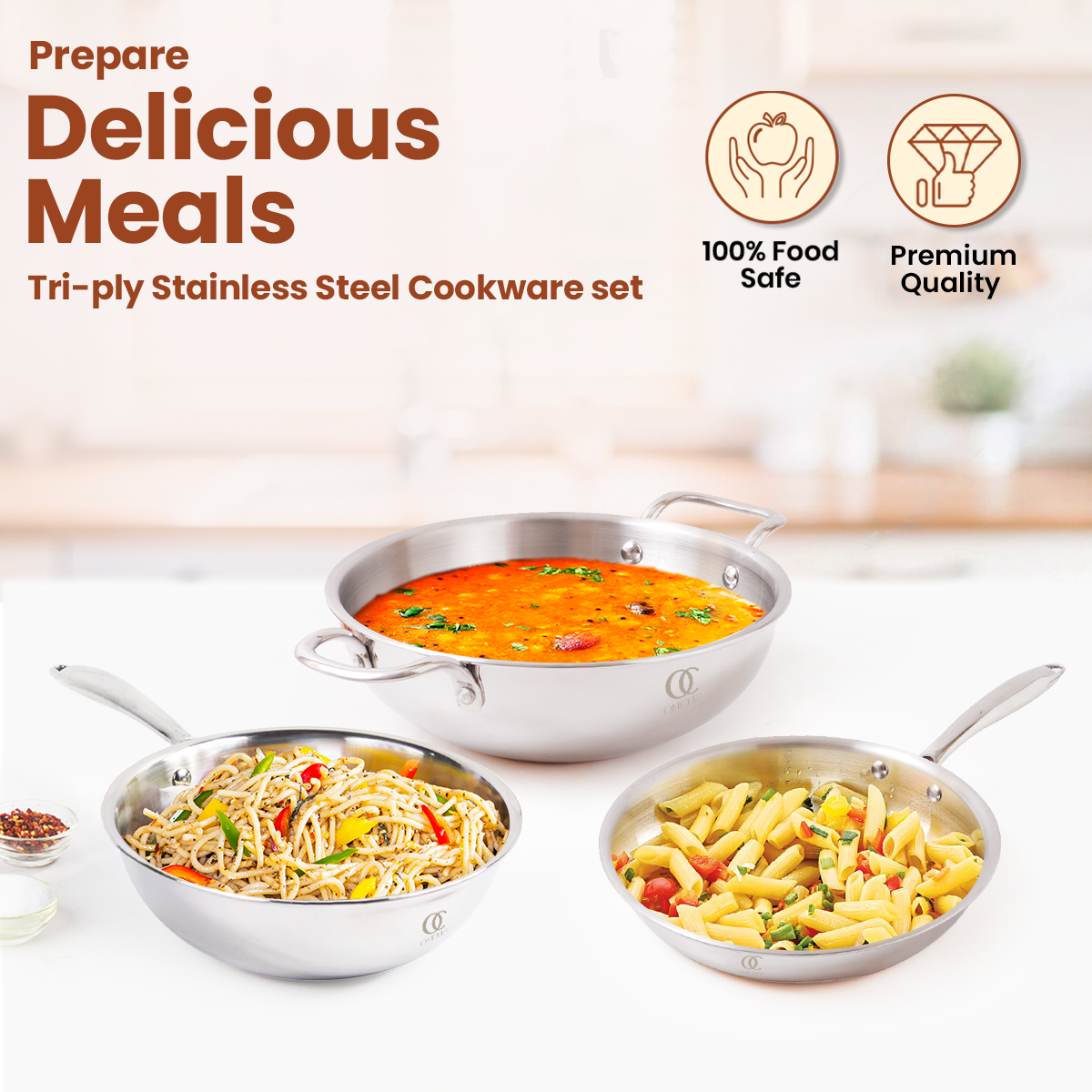Premium TRIMAX Triply Cookware Set Kadai + Frypan + Wok with Free Wooden Spatula Combo OmiChef