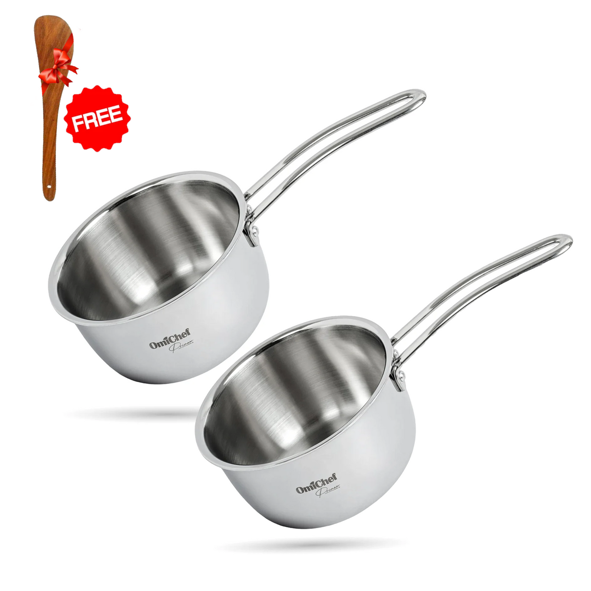 Elite Triply Stainless Steel Kitchen Saucepan set of 2 with Ring Handle with Free Spatula- Induction compatible OmiChef