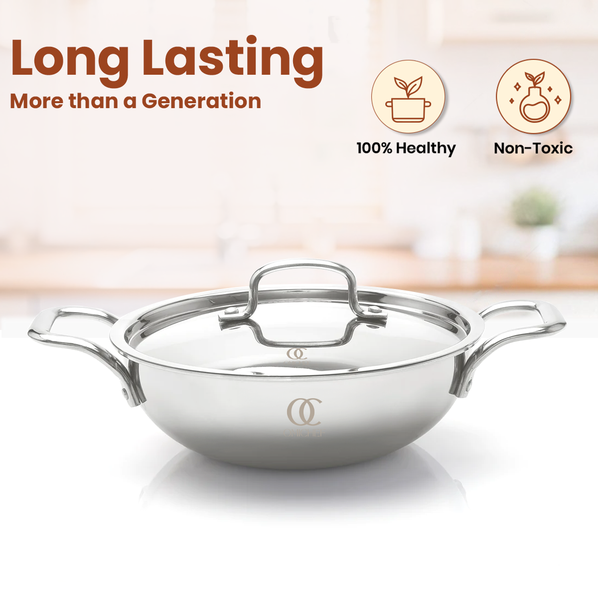 TRIMAX Premium Triply Kadai with Lid + Free Spatula, Premium Quality OmiChef