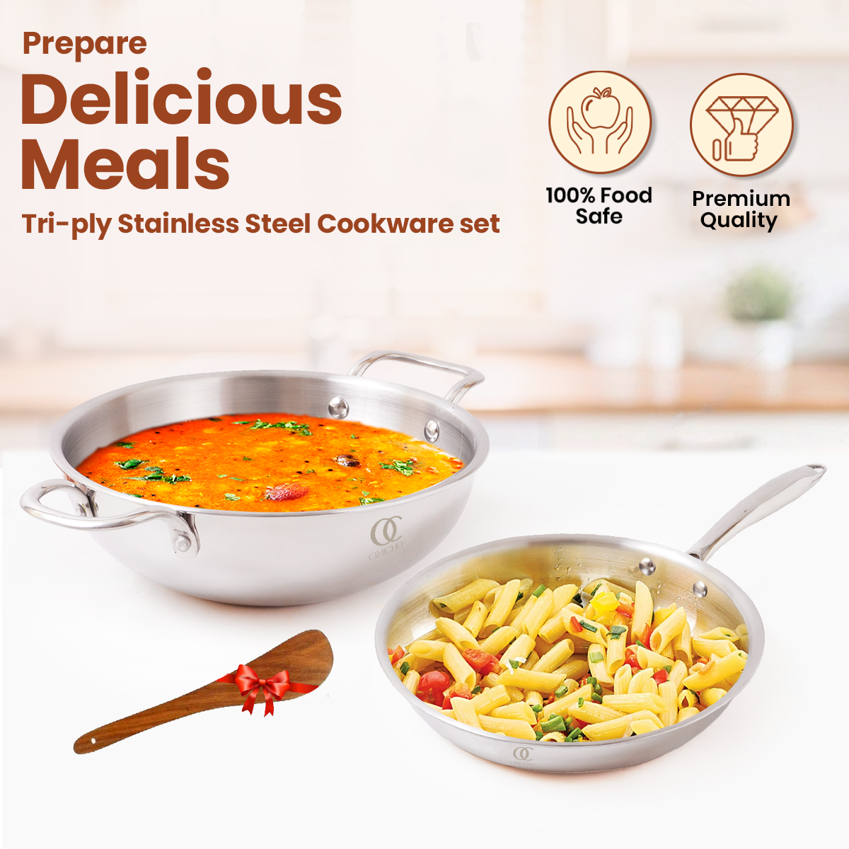 TRIMAX Triply Cookware Kadhai-Frypan Combo Cookware Set with Free Spatula -Premium Quality OmiChef