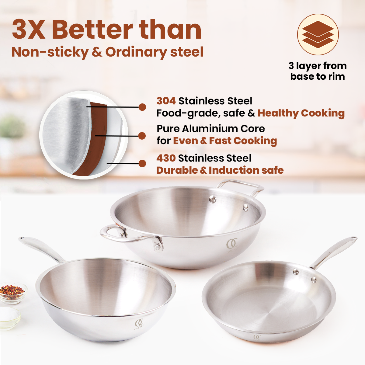 Premium TRIMAX Triply Cookware Set Kadai + Frypan + Wok with Free Wooden Spatula Combo OmiChef