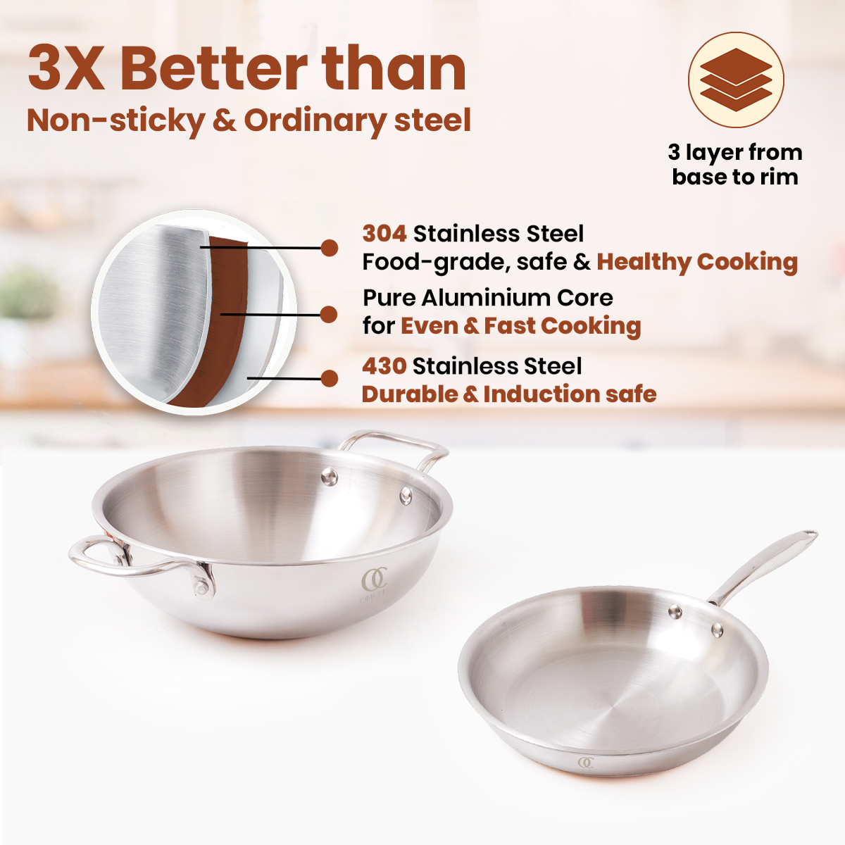 TRIMAX Triply Cookware Kadhai-Frypan Combo Cookware Set with Free Spatula -Premium Quality OmiChef