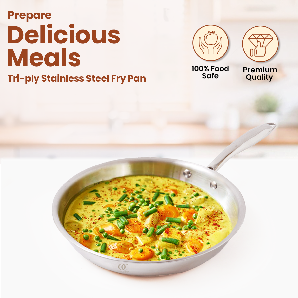 TRIMAX Triply Frying Pan Premium & Durable Stainless Steel Pan with Free Spatula OmiChef