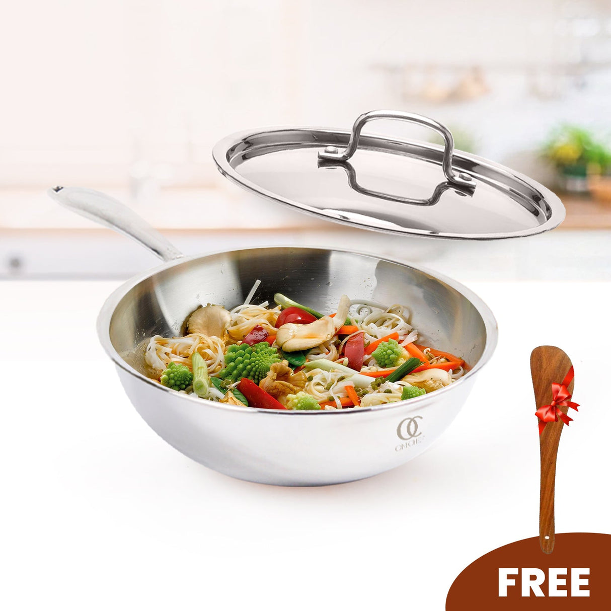 TRIMAX Triply Stainless Steel Wok with Lid with Free Spatula - Premium Quality OmiChef