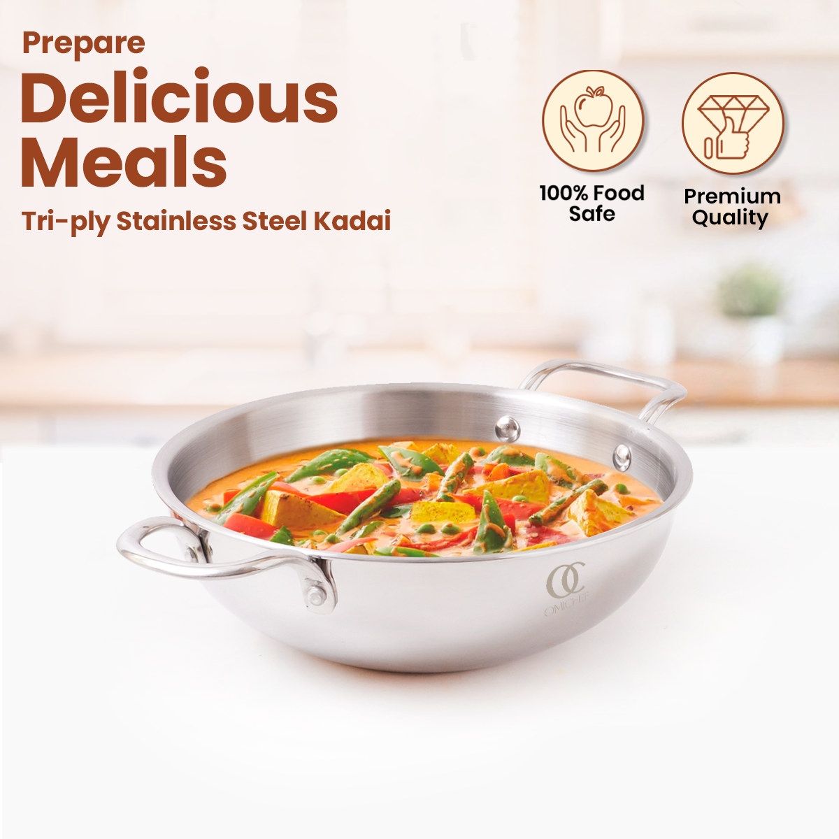 TRIMAX Premium Triply Kadai with Lid + Free Spatula, Premium Quality OmiChef