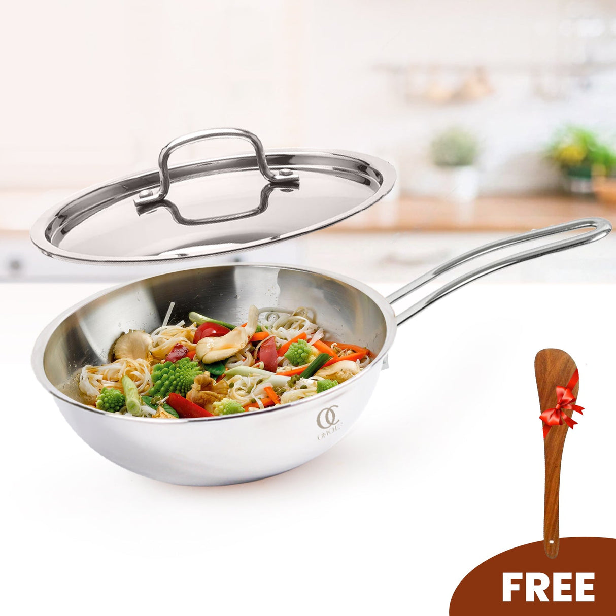 Elite Triply Stainless Steel Wok With Lid OmiChef