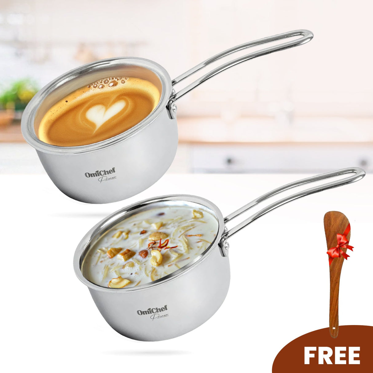 Elite Triply Stainless Steel Kitchen Saucepan set of 2 with Ring Handle with Free Spatula- Induction compatible OmiChef