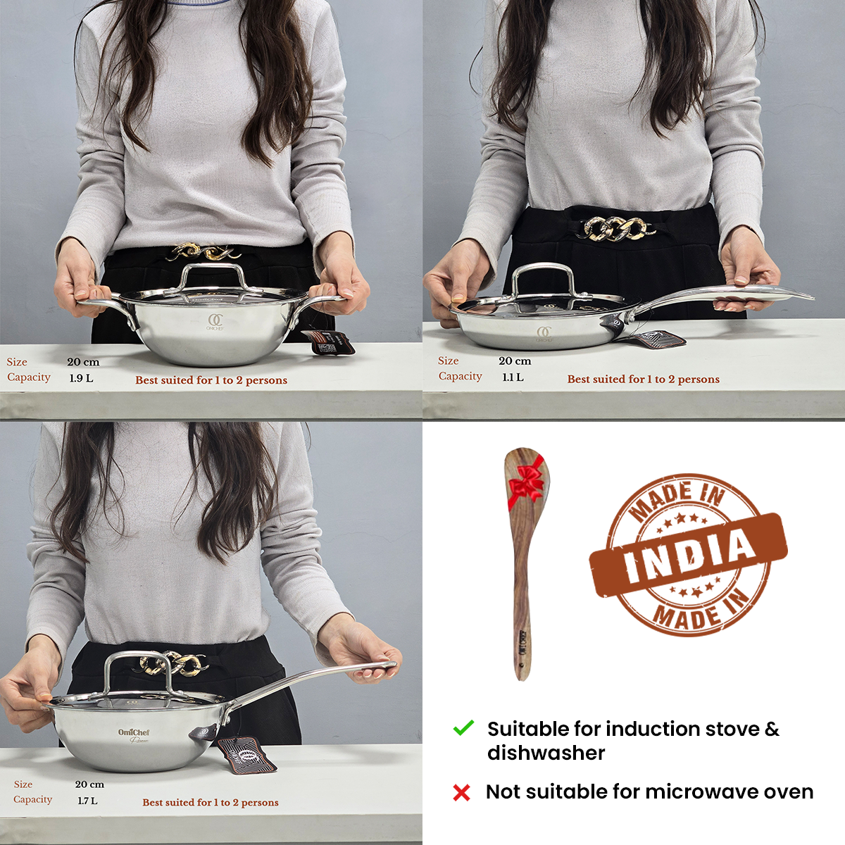 Premium TRIMAX Triply Cookware Set Kadai + Frypan + Wok with Free Wooden Spatula Combo OmiChef