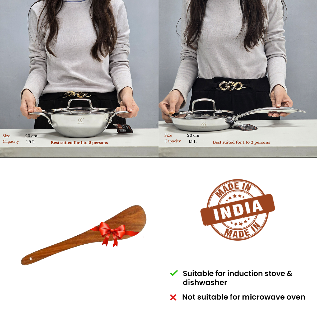TRIMAX Triply Cookware Kadhai-Frypan Combo Cookware Set with Free Spatula -Premium Quality OmiChef