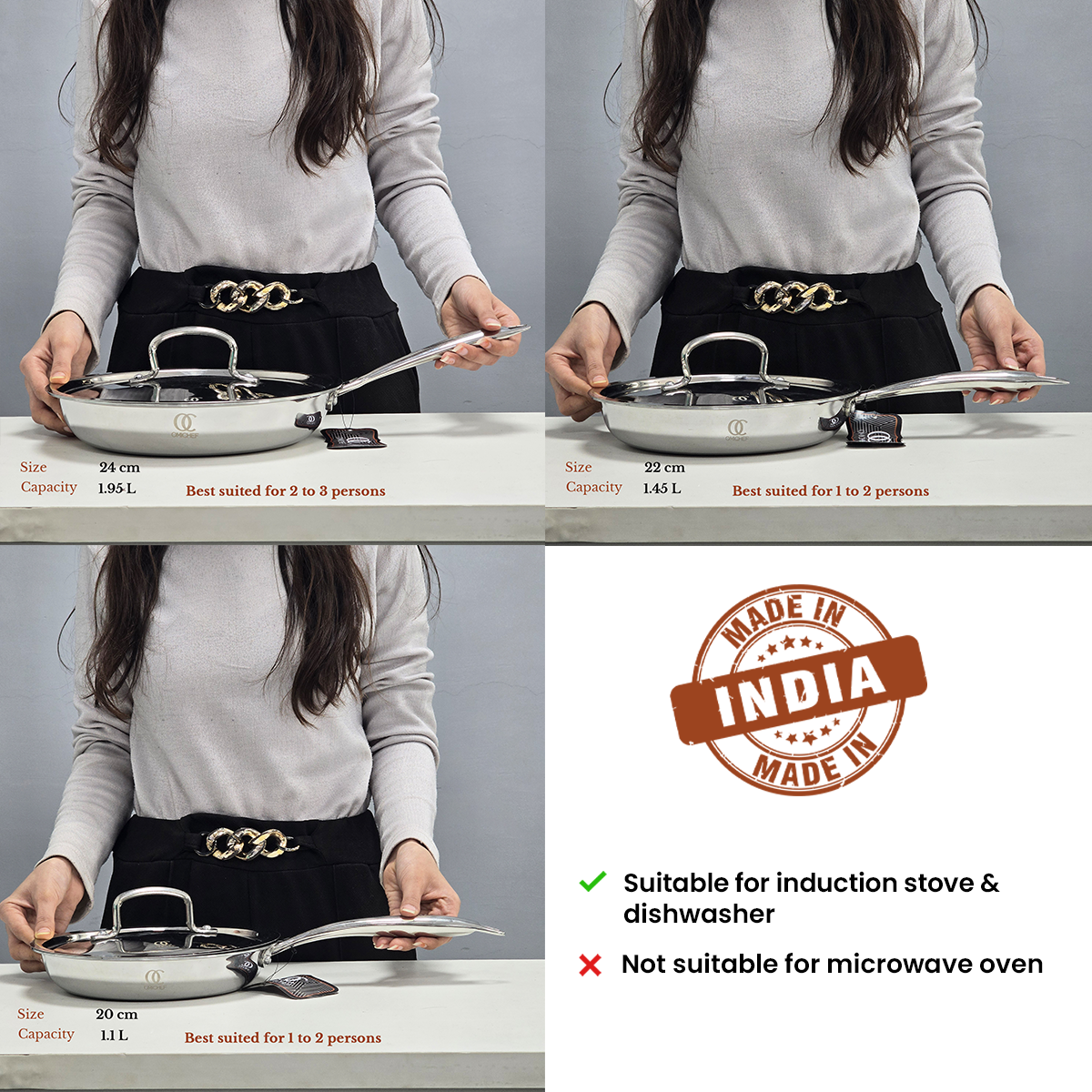 TRIMAX Triply Frying Pan Premium & Durable Stainless Steel Pan with Free Spatula OmiChef