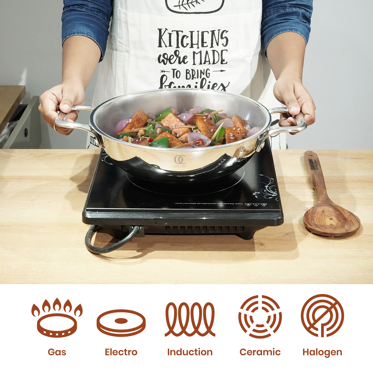 Premium TRIMAX Triply Cookware Set Kadai + Frypan + Wok with Free Wooden Spatula Combo OmiChef