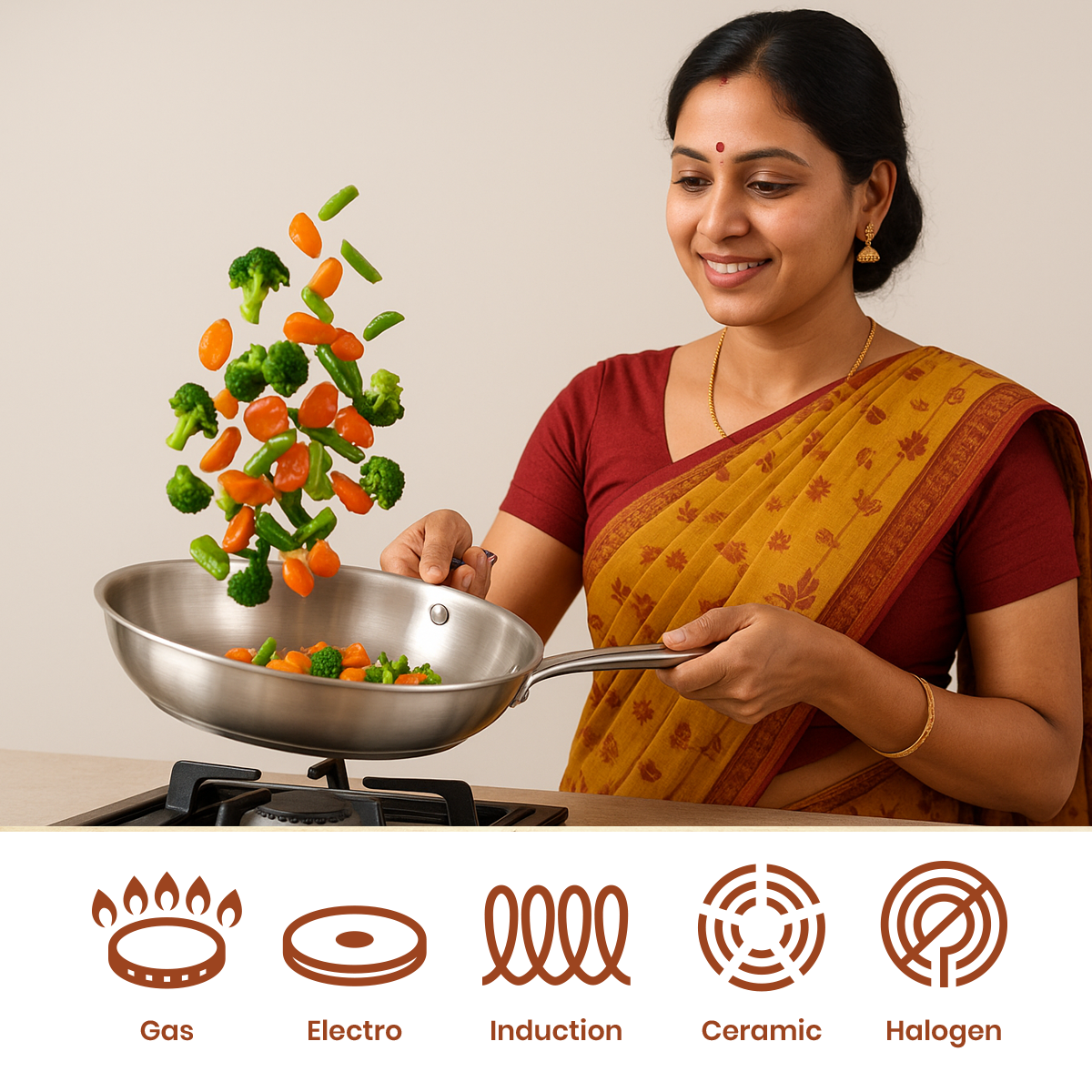 TRIMAX Triply Frying Pan Premium & Durable Stainless Steel Pan with Free Spatula OmiChef