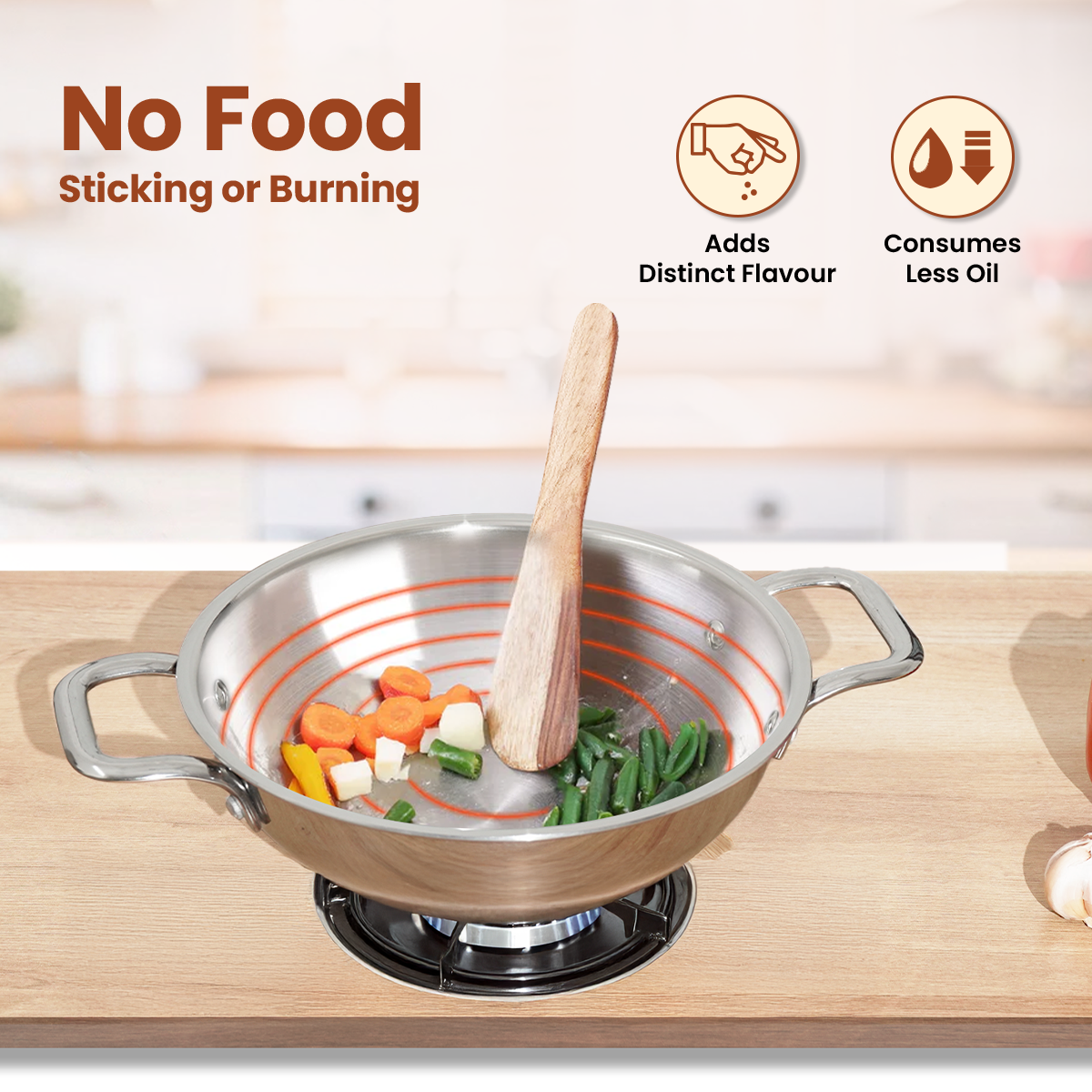 Premium TRIMAX Triply Cookware Set Kadai + Frypan + Wok with Free Wooden Spatula Combo OmiChef