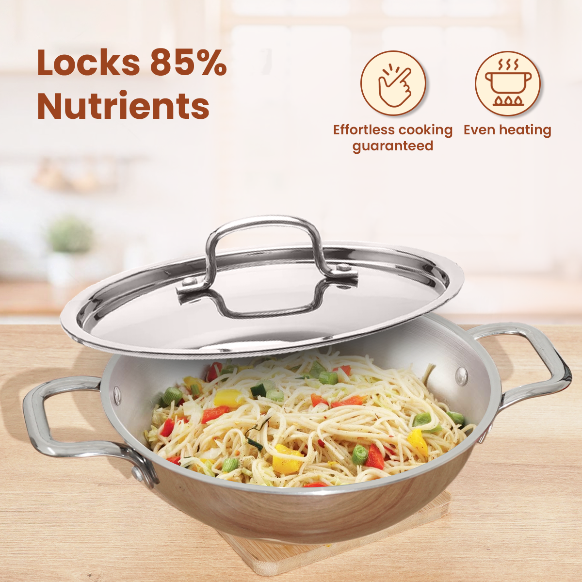 TRIMAX Premium Triply Kadai with Lid + Free Spatula, Premium Quality OmiChef