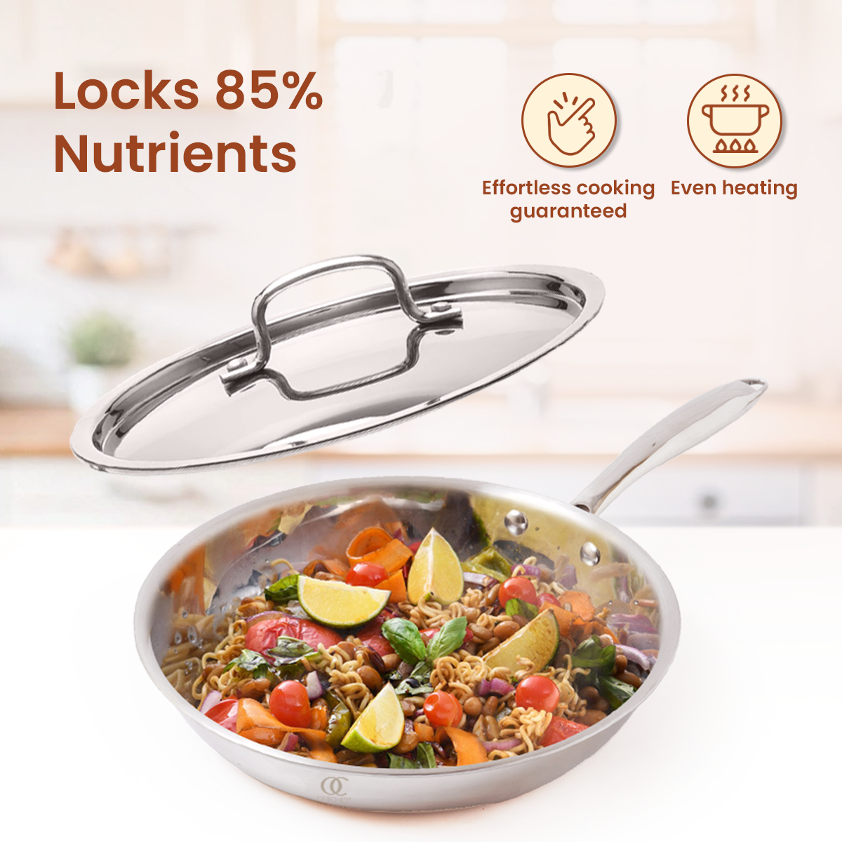 TRIMAX Triply Frying Pan Premium & Durable Stainless Steel Pan with Free Spatula OmiChef