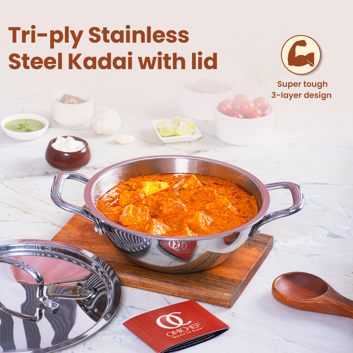 TRIMAX Premium Triply Kadai with Lid + Free Spatula, Premium Quality OmiChef