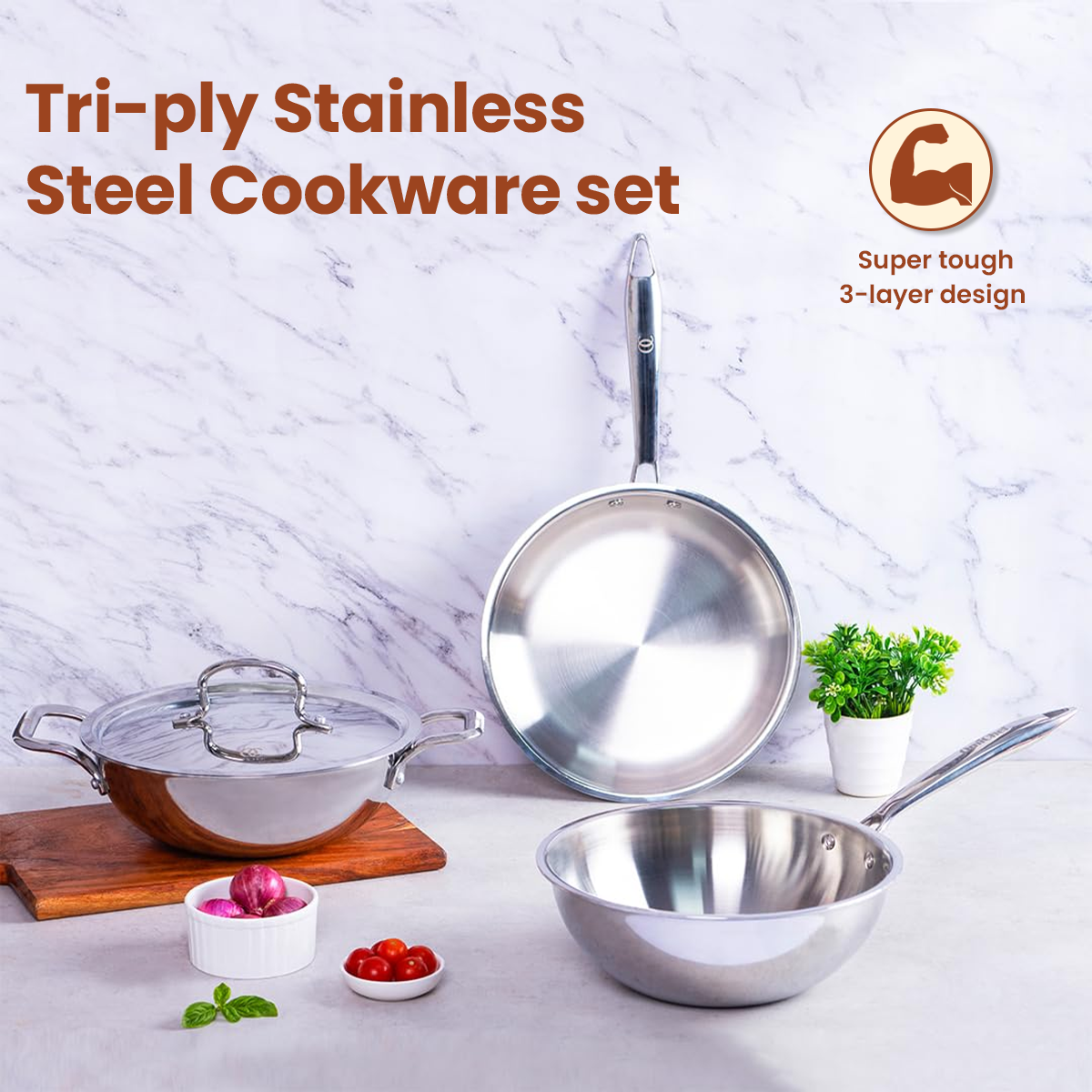 Premium TRIMAX Triply Cookware Set Kadai + Frypan + Wok with Free Wooden Spatula Combo OmiChef