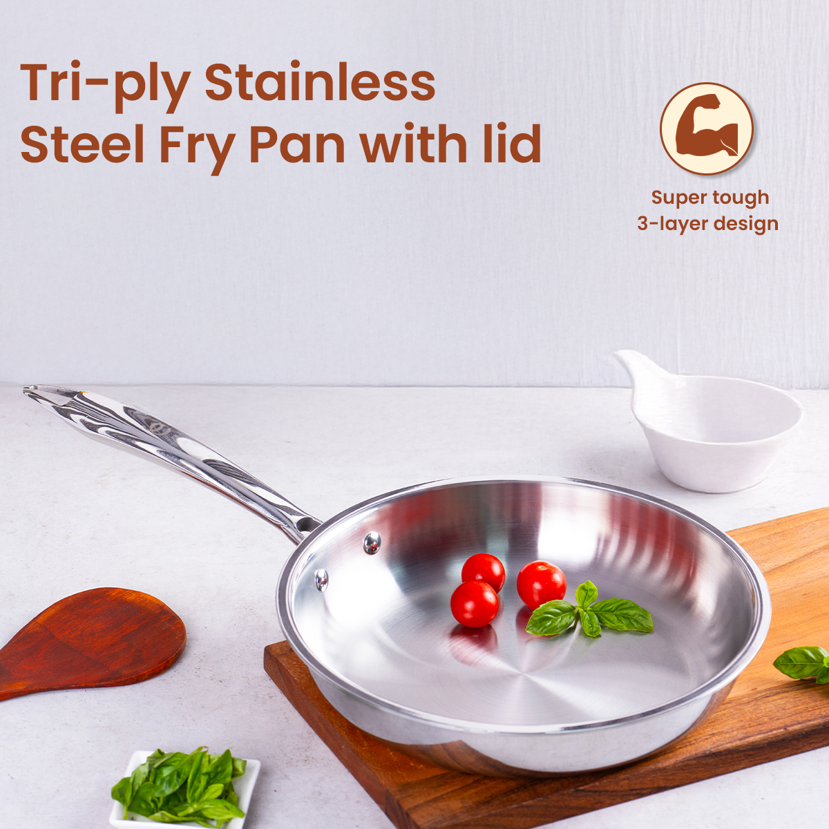 TRIMAX Triply Frying Pan Premium & Durable Stainless Steel Pan with Free Spatula OmiChef