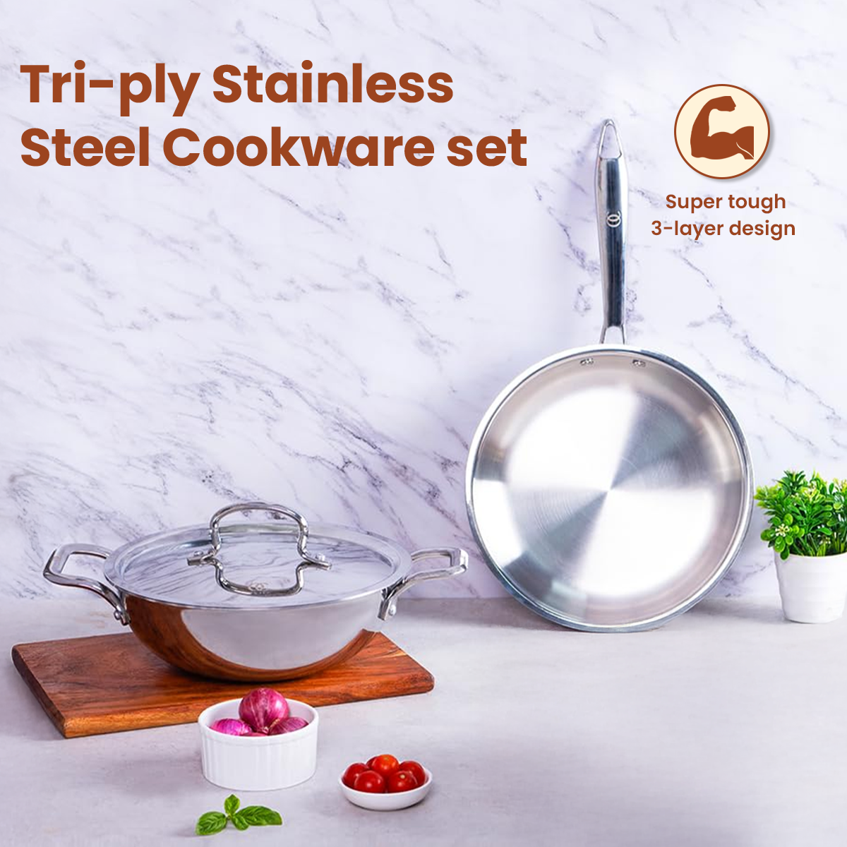 TRIMAX Triply Cookware Kadhai-Frypan Combo Cookware Set with Free Spatula -Premium Quality OmiChef