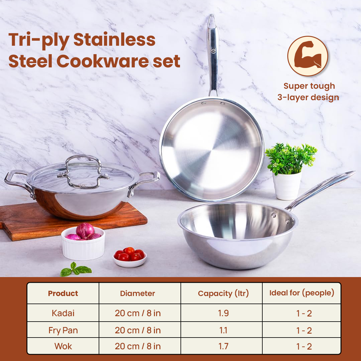 Premium TRIMAX Triply Cookware Set Kadai + Frypan + Wok with Free Wooden Spatula Combo OmiChef