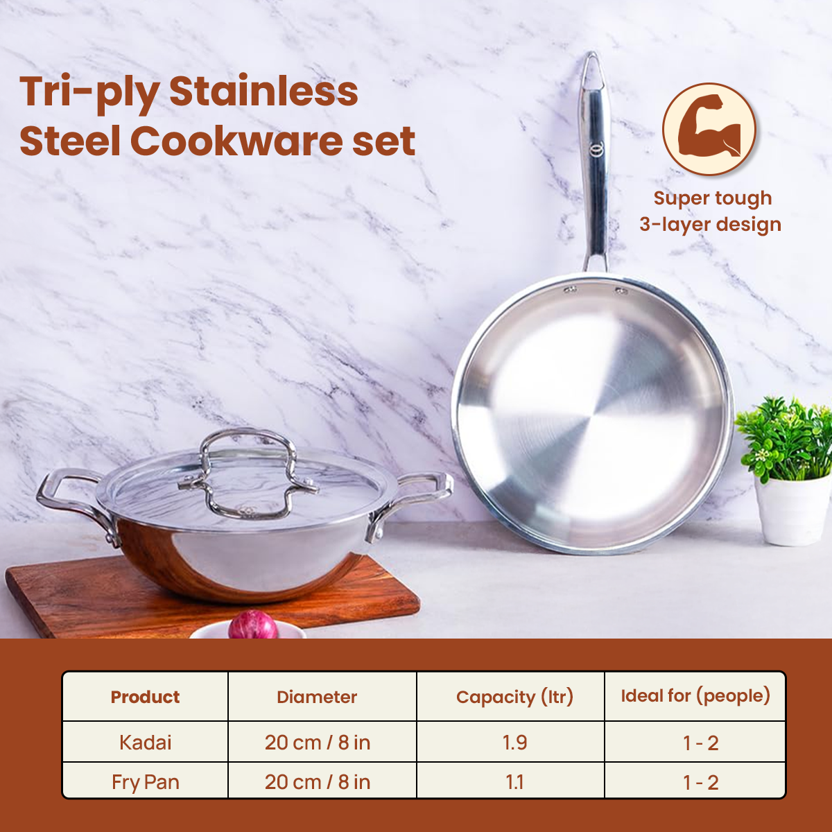 TRIMAX Triply Cookware Kadhai-Frypan Combo Cookware Set with Free Spatula -Premium Quality OmiChef