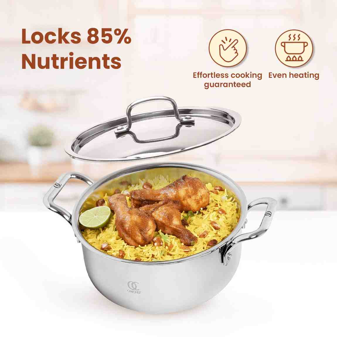 Triply casserole induction compatible cookware with sturdy handles and lid