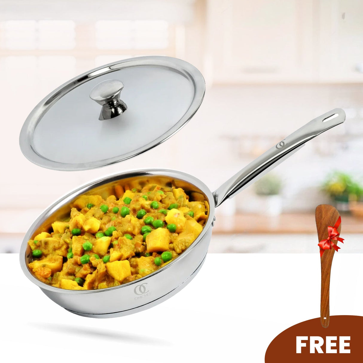 TRIO Sandwich Bottom Stainless Steel Frypan with Free Spatula -Induction Compatible OmiChef