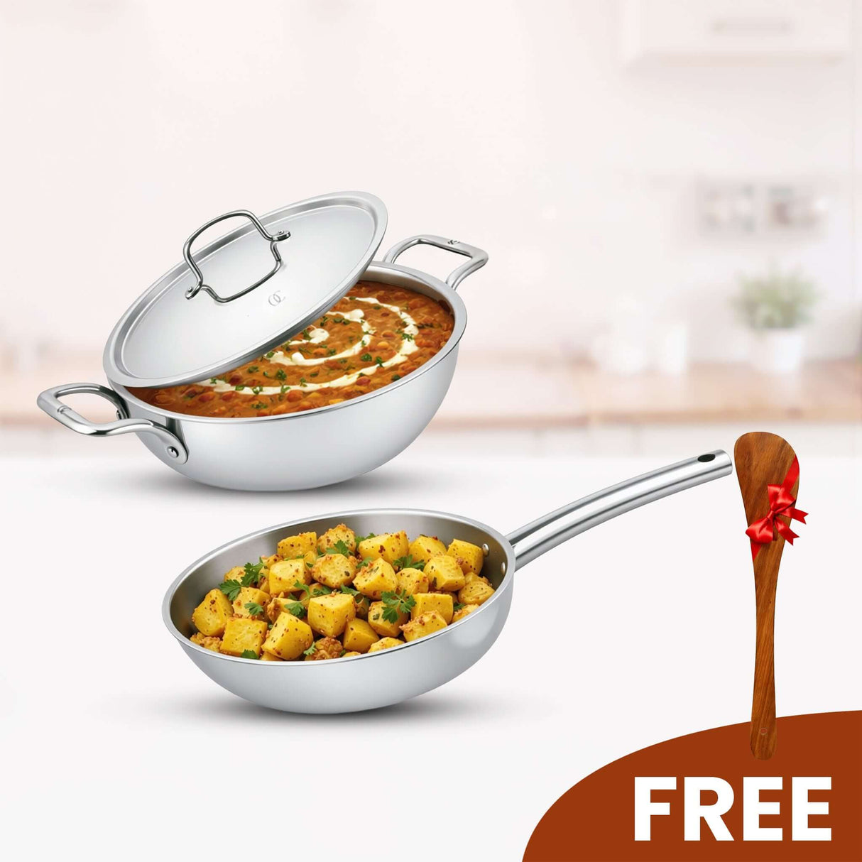 Triply Cookware Set | Kadai & Frypan Set with Pipe Handle