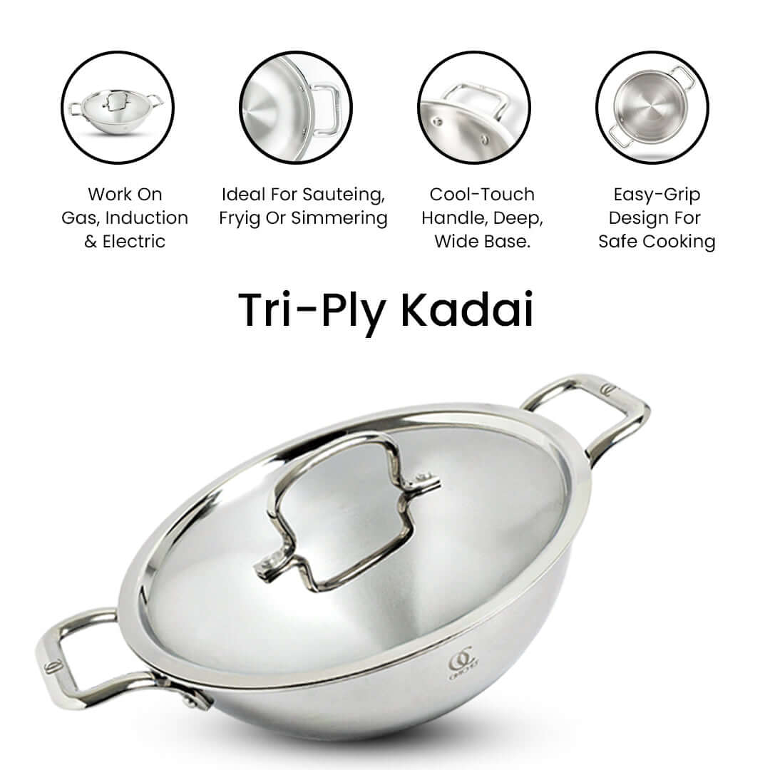 TRIMAX Triply Cookware Kadhai- Frypan - Saucepan Combo Set with Spatula Premium Quality OmiChef