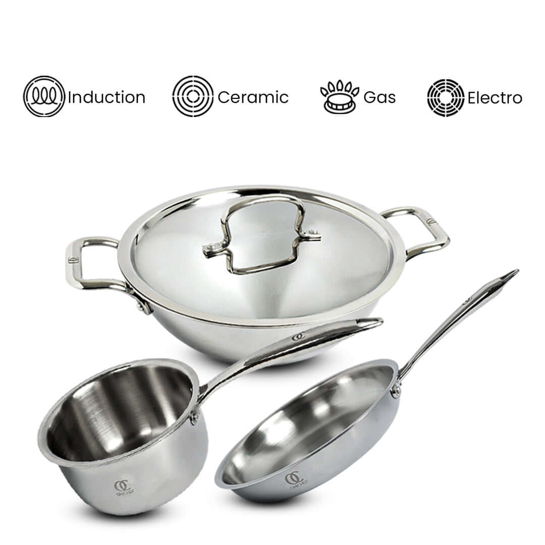 TRIMAX Triply Cookware Kadhai- Frypan - Saucepan Combo Set with Spatula Premium Quality OmiChef